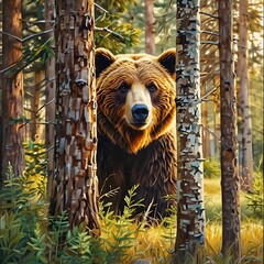 Brown Bear Standing in Forest with Sunlit Fur – Majestic Wildlife Scene in Natural Habitat.