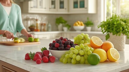 Woman preparing healthy meal with fresh fruits in modern kitchen