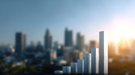 Rising Growth in Cityscape: A graph ascends, symbolizing business and market expansion. Behind the graph, a blurred cityscape with a bright horizon suggesting progress, innovation, and upward trends.