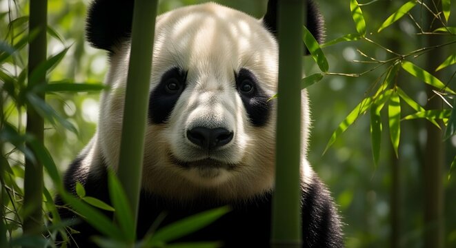 A close-up of a panda face peeking between bamboo stalks at midday, photorealistic, vibrant green background.