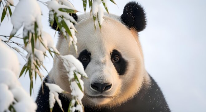 A close-up of a panda face peeking between bamboo stalks at midday, photorealistic, vibrant green background.