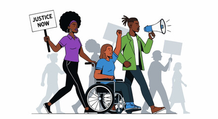 Two dark-skinned protesters, leaders marching together. Disabled person of color protesting. Speak up. No to racism, violence. Colored flat vector illustration isolated on white background