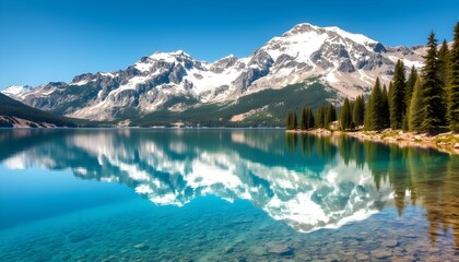 Serene mountain lake reflecting snow-capped peaks under a brilliant blue sky.