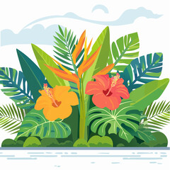 Obraz premium Vibrant illustration of lush tropical foliage and exotic bird of paradise flowers against a cloudy sky and water