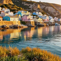 Colorful Coastal Village on Cliffs with Water Reflections – Serene Travel and Nature Scene