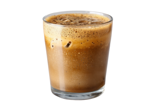 Iced coffee drink photography capturing a relaxed refreshing mood. Isolated on transparent background, png.