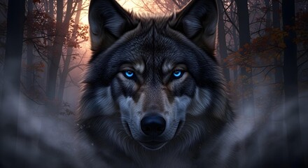 A close-up of a wolf’s face sneaking through dense forest under moonlight, piercing eyes
