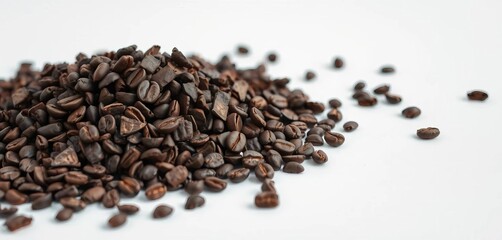 Fototapeta premium A heap of dark roasted chicory coffee root pieces on white, herb, high-resolution