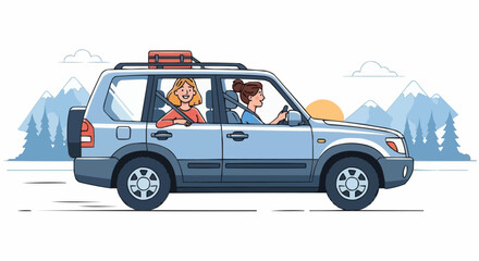 Fototapeta premium Two women traveling by car, SUV, driver, journey, trip, on the road. Flat vector illustration isolated on gray background