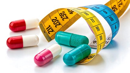 Weight loss concept with colorful capsules and measuring tape on white background symbolizing dietary supplements
