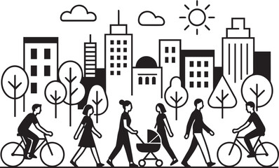 City Life People Walking Cycling and Strolling with a Stroller