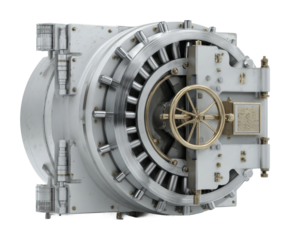 Secure vault mechanism industrial facility product design metal environment side view technology concept isolated on transparent background