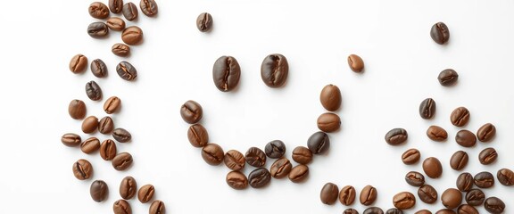 Obraz premium Coffee beans form a cheerful smiley face on white, morning, happy