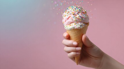 Sweet Treat: A close-up shot of a hand holding a delicious ice cream cone, a delightful indulgence ready to tantalize taste buds, sprinkled with colorful delight against a vibrant backdrop.
