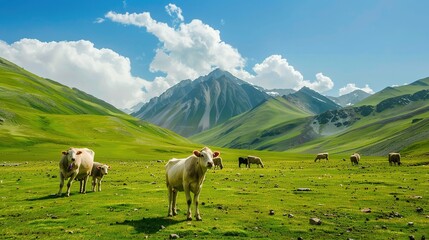 Fototapeta premium Festive Whispers of the Grassland: New Year Decorations Illuminate Cattle and Sheep Scenery in Charming Images Stretching across the sun-kissed grassland, flocks of sheep and herds of cattle graze pea
