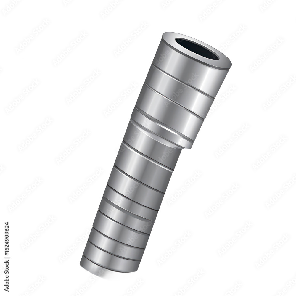 Poster silver metallic cylindrical object with spiral detailing isolated on transparent background