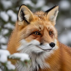 Fototapeta premium A close-up portrait of a red fox in a winter forest, snow on its fur, sharp detail