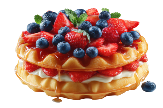 Delicious berries and cream waffles captured in bright photography. Isolated on transparent background, png.