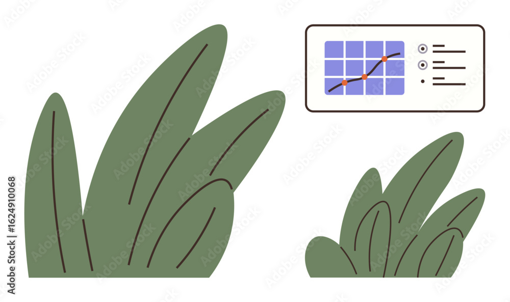 Poster large green leaves and a smaller plant beside a data dashboard featuring a line graph and interface 
