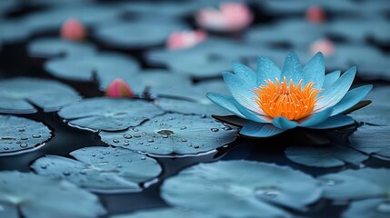 Close-up of lotus flower with soft petals and ethereal pale pink and blue background radiating peace