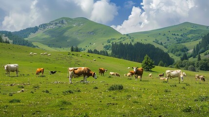 Obraz premium Festive Whispers of the Grassland: New Year Decorations Illuminate Cattle and Sheep Scenery in Charming Images Stretching across the sun-kissed grassland, flocks of sheep and herds of cattle graze pea