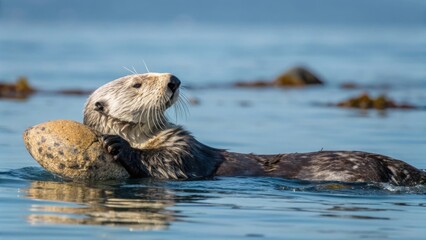 Obraz premium Playful Sea Otter Holding Rock While Floating on Calm Water Surface