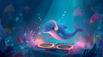 Dolphin DJ mixes music underwater. Cartoon character entertains, marine life party, web use, design concept, marketing.