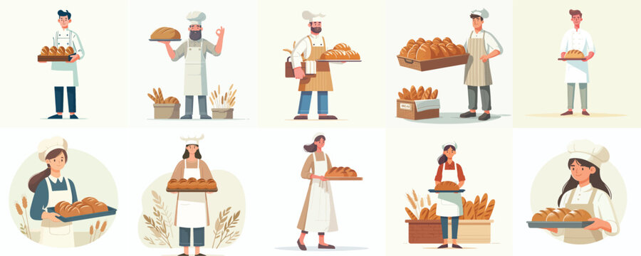 Master Bakers and Their Delicious Bread: A Collection of Characters with Loaves and Pastries - Powered by Adobe