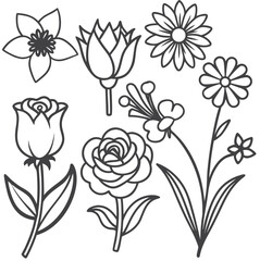 flower silhouettes vector icon set, featuring roses, tulips, lilies, and sunflowers, ideal for floral designs, nature themed graphics