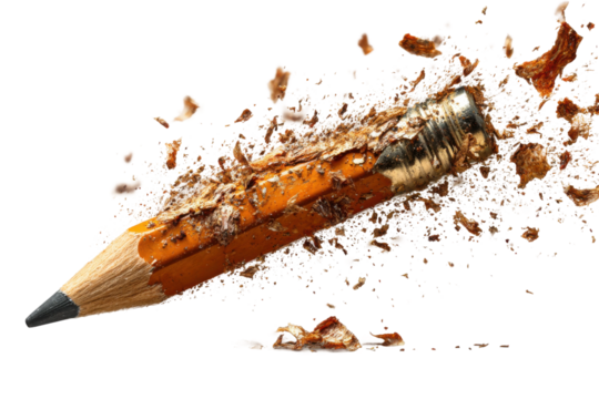 Isolated creative workspace breaking pencil in high-speed motion. Isolated on transparent background, png.