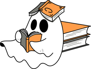 Cute Retro Groovy Cartoon Halloween Ghost Reading Books Illustration