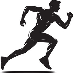 Silhouette of a muscular man running with determination against a white background in a dynamic pose