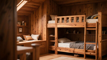 Rustic Wooden Bunk Bed Interior Design in a Cozy Cabin Room