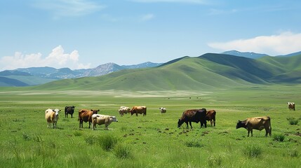 Obraz premium Festive Whispers of the Grassland: New Year Decorations Illuminate Cattle and Sheep Scenery in Charming Images Stretching across the sun-kissed grassland, flocks of sheep and herds of cattle graze pea