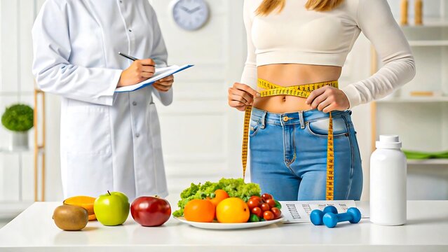 Weight loss consultation with nutritionist measuring waist and healthy food on table in bright medical office
