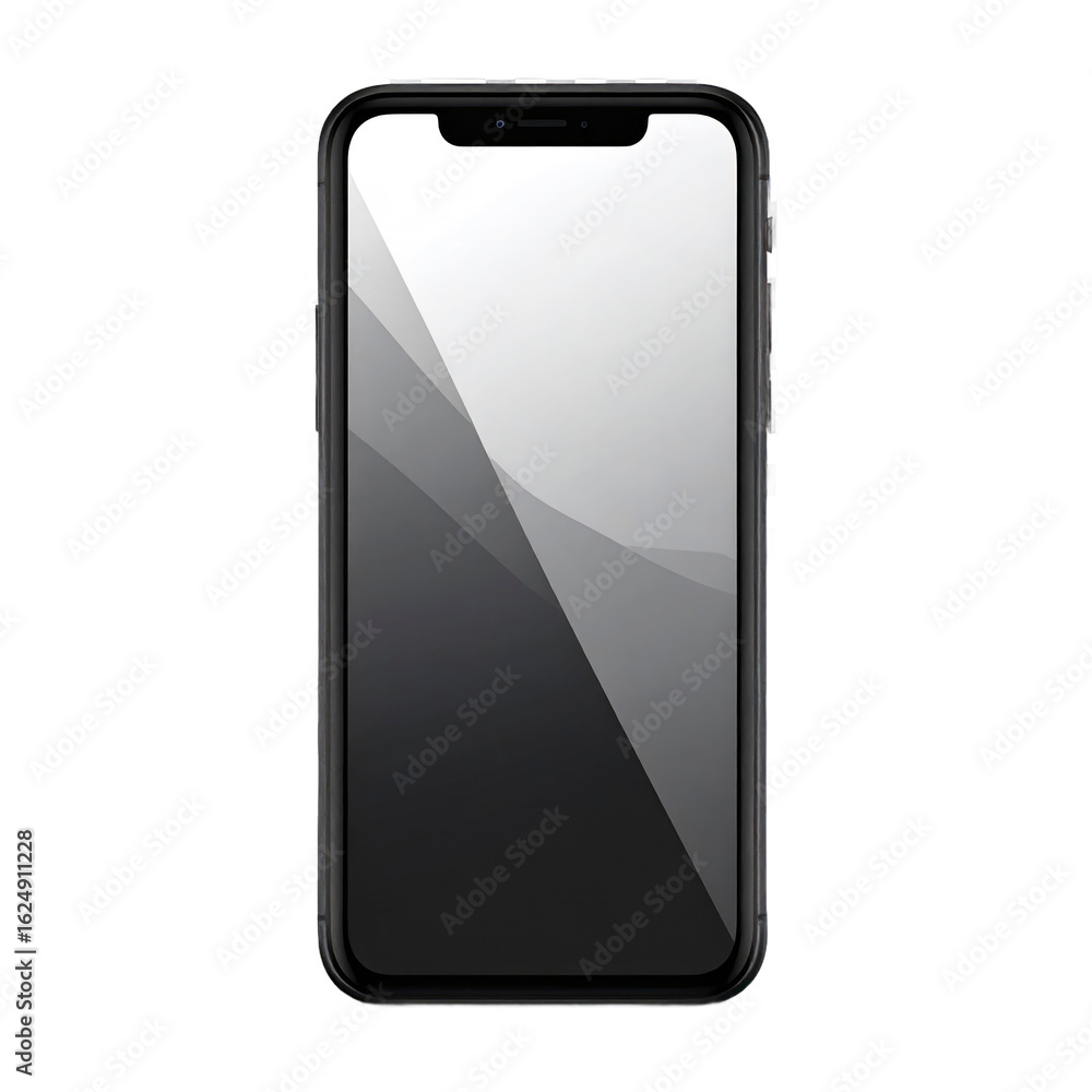 Poster smartphone device with black frame and reflective blank screen isolated on transparent background
