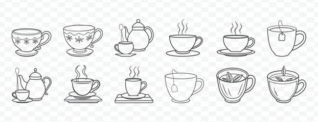 Elegant Collection of Hand Drawn Tea Cup Illustrations Featuring Classic and Modern Styles in Line Art Design