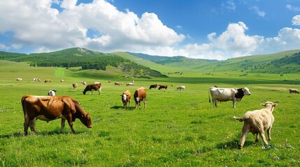 Naklejka premium Festive Whispers of the Grassland: New Year Decorations Illuminate Cattle and Sheep Scenery in Charming Images Stretching across the sun-kissed grassland, flocks of sheep and herds of cattle graze pea
