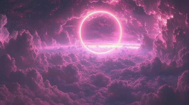 Ethereal Pink Celestial Dreamscape: A surreal landscape of vibrant pink clouds and a glowing neon circle in the heavens.
