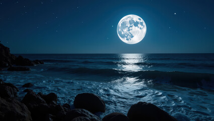 Serene night scene featuring large, luminous moon reflecting on calm ocean waves, surrounded by rocky shores and starry sky