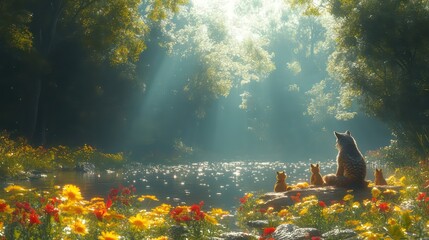 Animal children learning survival skills from owl teacher in a peaceful sunlit forest scene