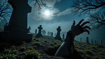 Spooky graveyard scene features hand emerging from ground, surrounded by tombstones under full moon. atmosphere is eerie and haunting
