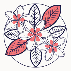 Obraz premium Illustration of three white flowers with pink centers surrounded by leaves within a dark blue circle outline