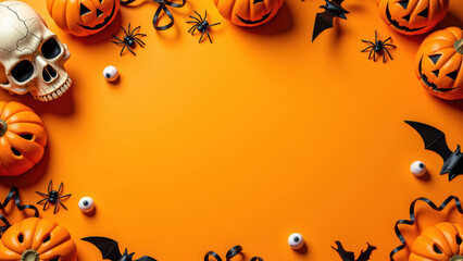 Spooky Halloween decorations with pumpkins, skull, bats, spiders, and eyeballs on orange background create festive atmosphere