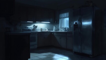 Dark, dimly lit kitchen at night, appliances visible