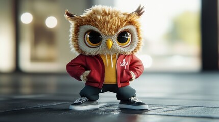Owl in Stylish Red Hoodie wearing sneakers: 3D Render of a Fashionable Bird