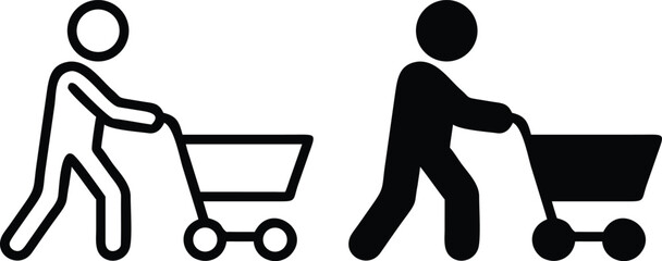 Shopping Cart Person Icon Set, Buyer Trolley Vector Outline Silhouette Illustration