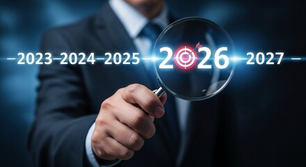 2026 Business Goals and Future Planning Concept. Person holding magnifying glass highlighting the year 2026 with target icon, representing strategic planning, goal setting, business vision for future,