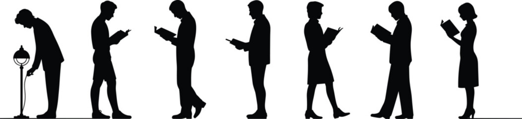 Silhouette vector of professionals reading books and working, flat cad drawing, black isolated figures, business and education concept illustration