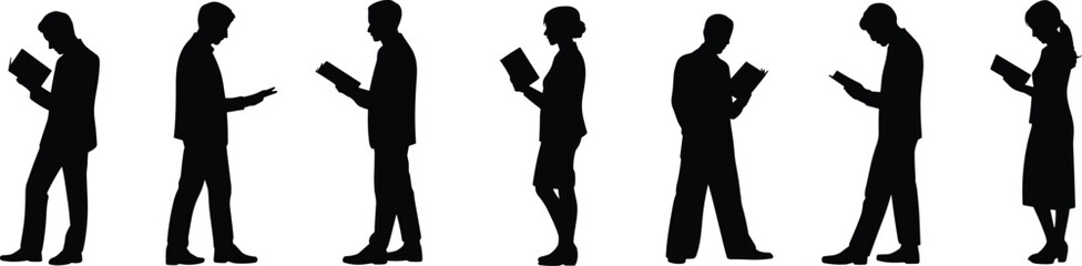Silhouette vector illustration of business people reading books, standing position, black cad drawing, flat style, isolated white background concept